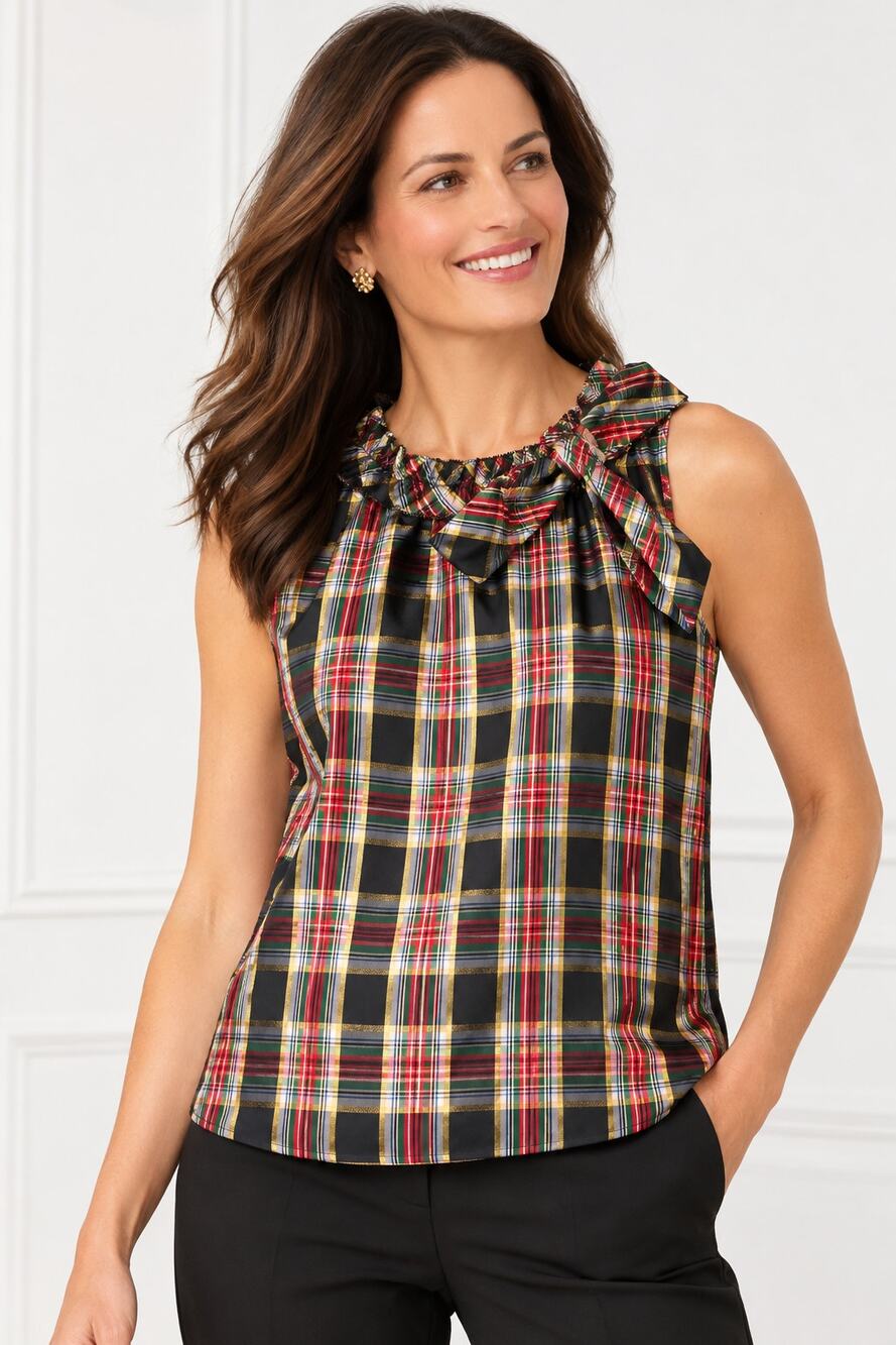 Talbots Tartan Holiday Top | Metallic Plaid | Size Small